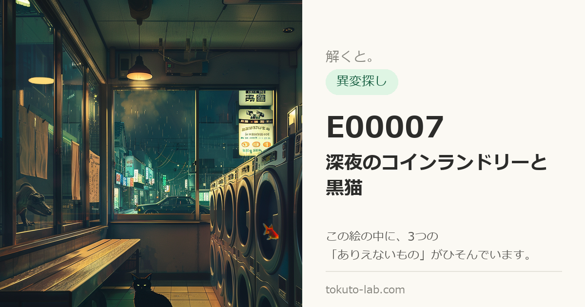 E00007「深夜のコインランドリーと黒猫」の異変探しイラスト（3つの異変がひそんでいます）