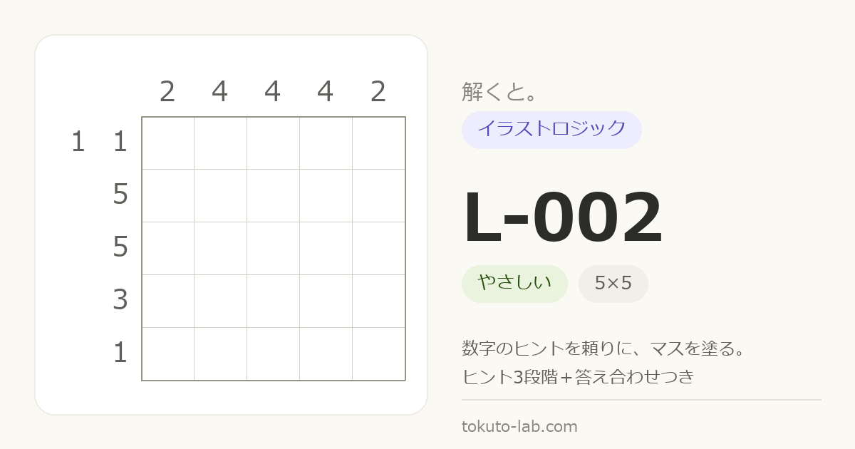 L-002 イラストロジックの問題（5×5マス・やさしい）の数字ヒント付きグリッド