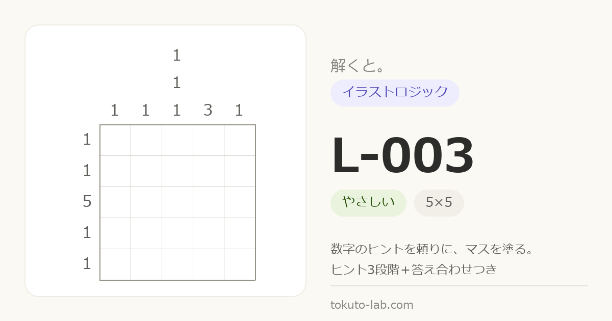 L-003 イラストロジックの問題（5×5マス・やさしい）の数字ヒント付きグリッド