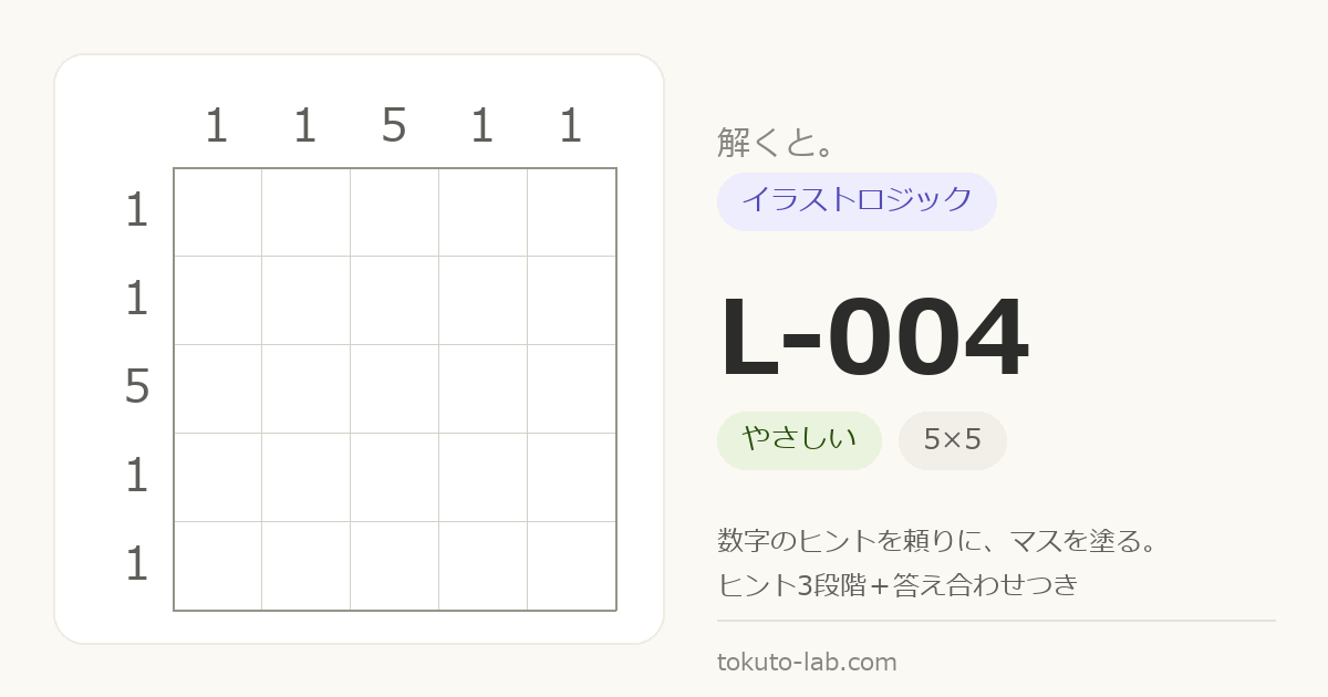 L-004 イラストロジックの問題（5×5マス・やさしい）の数字ヒント付きグリッド
