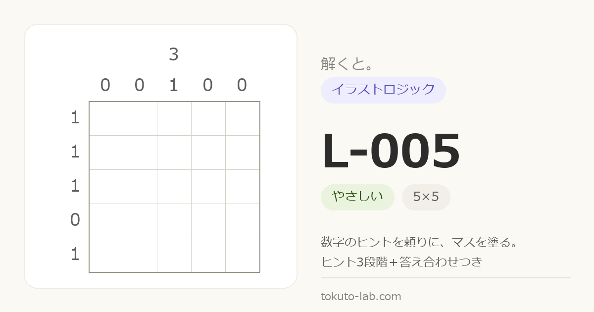 L-005 イラストロジックの問題（5×5マス・やさしい）の数字ヒント付きグリッド