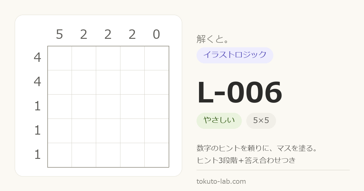 L-006 イラストロジックの問題（5×5マス・やさしい）の数字ヒント付きグリッド