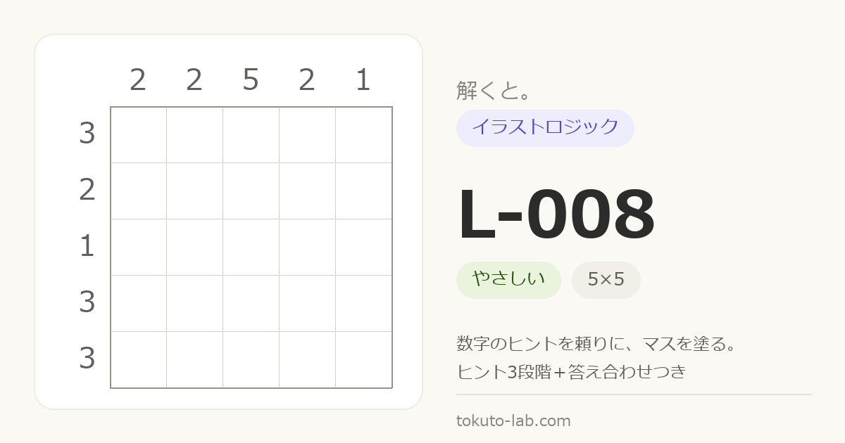 L-008 イラストロジックの問題（5×5マス・やさしい）の数字ヒント付きグリッド