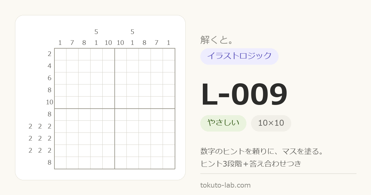 L-009 イラストロジックの問題（10×10マス・やさしい）の数字ヒント付きグリッド