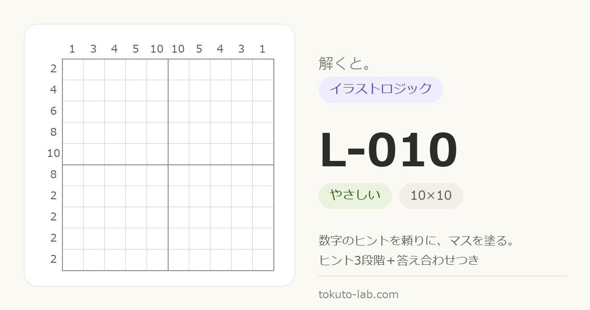 L-010 イラストロジックの問題（10×10マス・やさしい）の数字ヒント付きグリッド