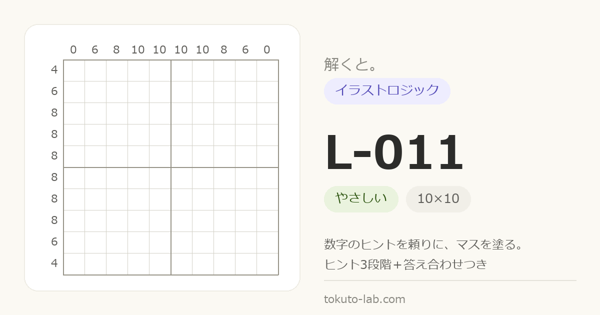 L-011 イラストロジックの問題（10×10マス・やさしい）の数字ヒント付きグリッド