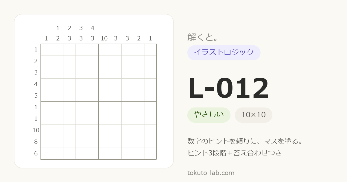L-012 イラストロジックの問題（10×10マス・やさしい）の数字ヒント付きグリッド