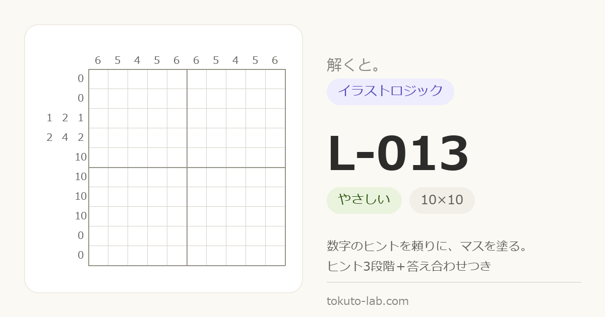 L-013 イラストロジックの問題（10×10マス・やさしい）の数字ヒント付きグリッド