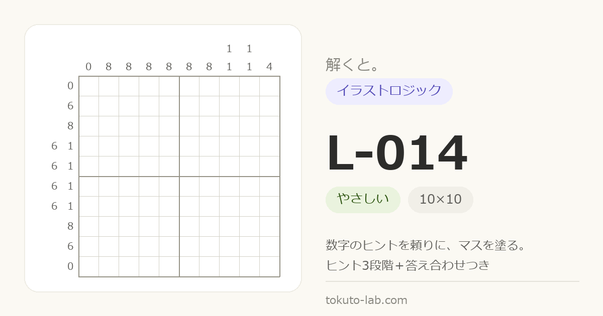 L-014 イラストロジックの問題（10×10マス・やさしい）の数字ヒント付きグリッド