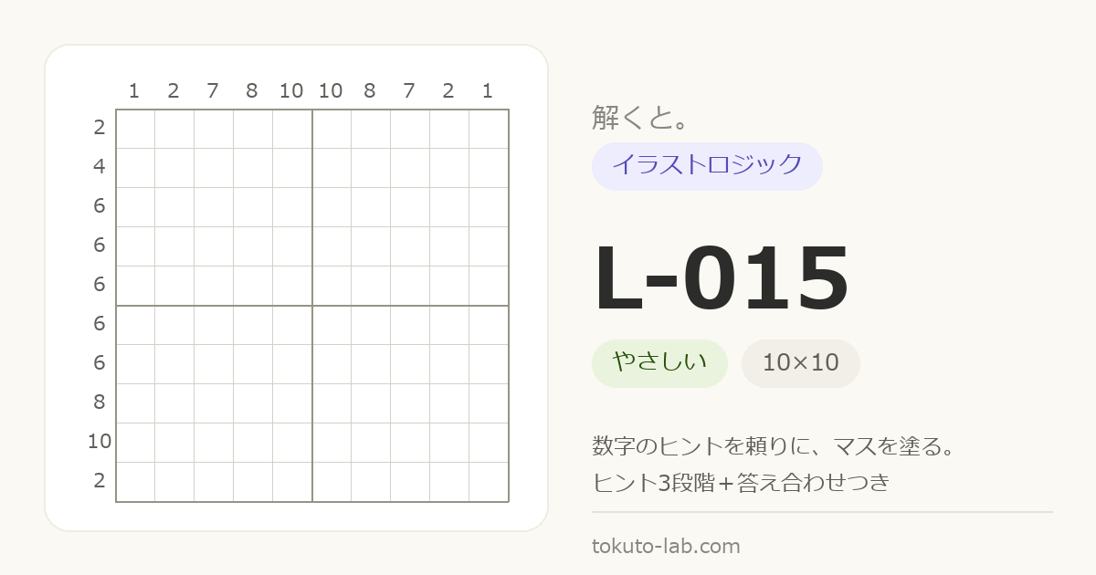 L-015 イラストロジックの問題（10×10マス・やさしい）の数字ヒント付きグリッド
