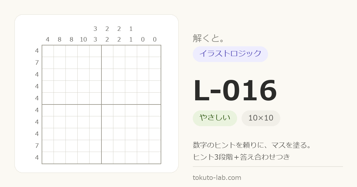 L-016 イラストロジックの問題（10×10マス・やさしい）の数字ヒント付きグリッド