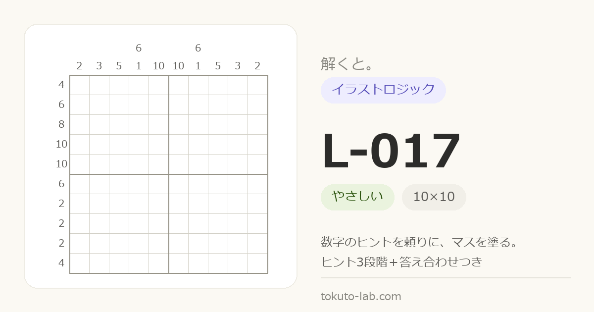 L-017 イラストロジックの問題（10×10マス・やさしい）の数字ヒント付きグリッド