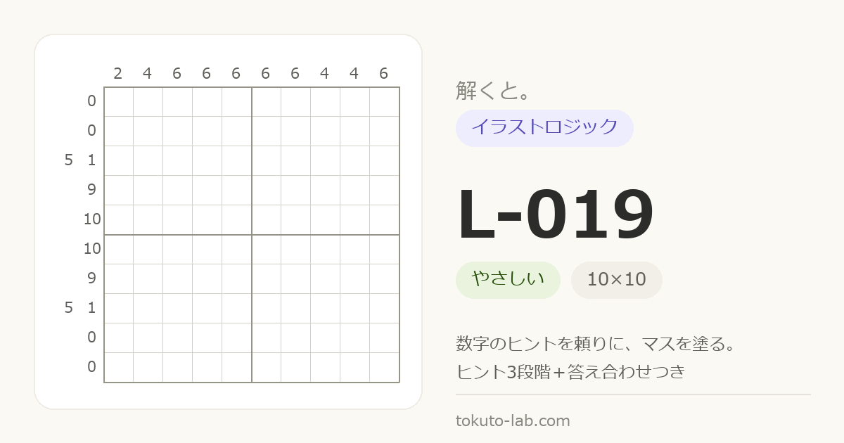 L-019 イラストロジックの問題（10×10マス・やさしい）の数字ヒント付きグリッド