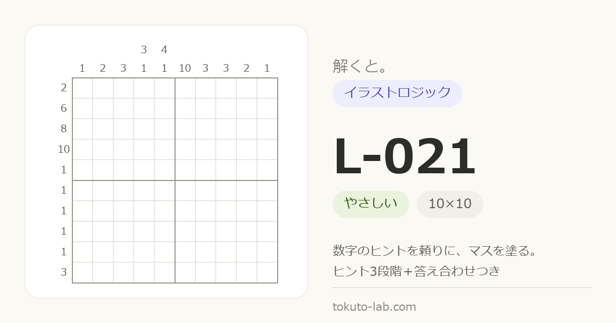 L-021 イラストロジックの問題（10×10マス・やさしい）の数字ヒント付きグリッド