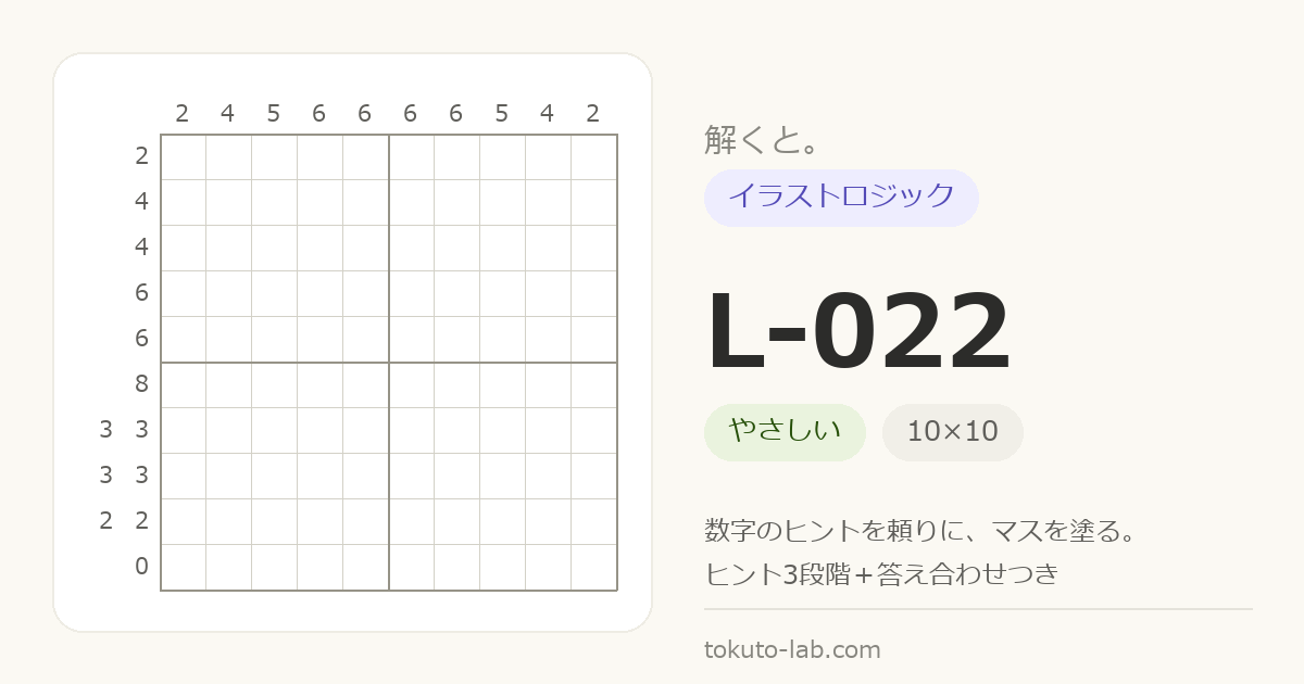 L-022 イラストロジックの問題（10×10マス・やさしい）の数字ヒント付きグリッド