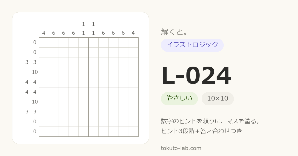 L-024 イラストロジックの問題（10×10マス・やさしい）の数字ヒント付きグリッド